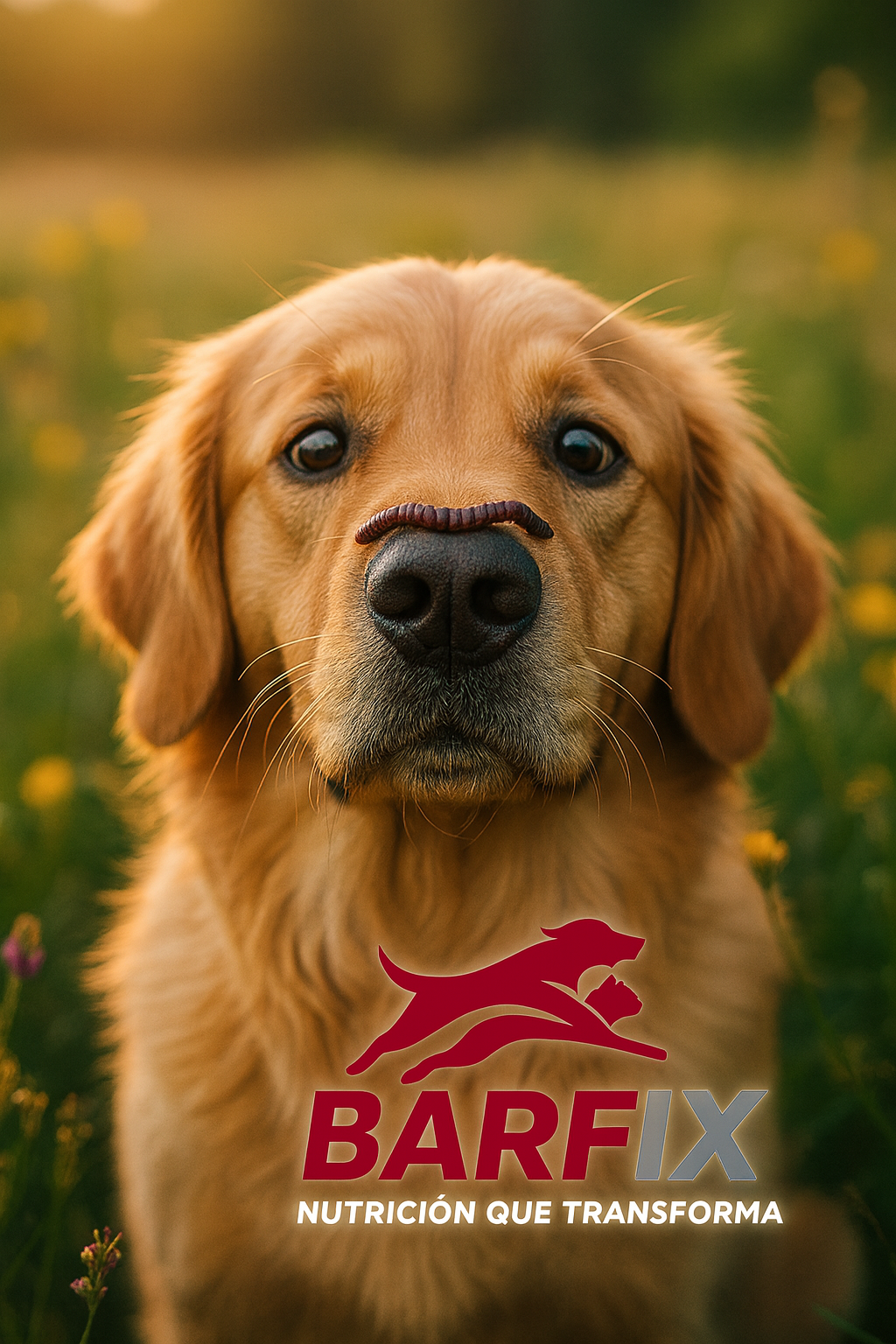 Perro en un campo de flores mirando un gusano sobre su hocico, con luz cálida natural y el logo de BARFix — imagen asociada a la alimentación BARF natural.