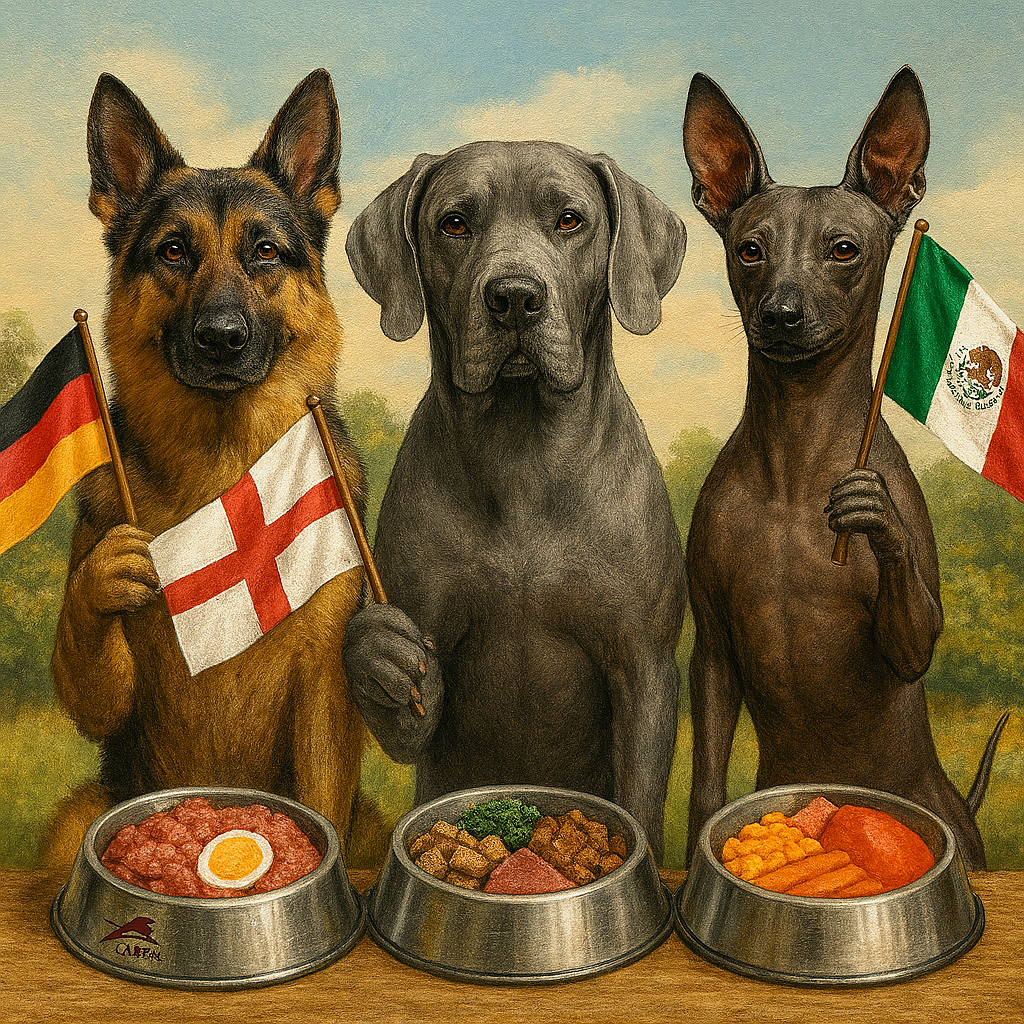 Tres perros — un pastor alemán, un gran danés inglés y un xoloitzcuintle — presentan las recetas BARF de BARFix Superfoods, con ingredientes regionales de Alemania, Inglaterra y México