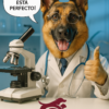 Perro pastor alemán vestido como doctor, con bata blanca y estetoscopio, revisando un microscopio en un laboratorio moderno y dando aprobación al BARF
