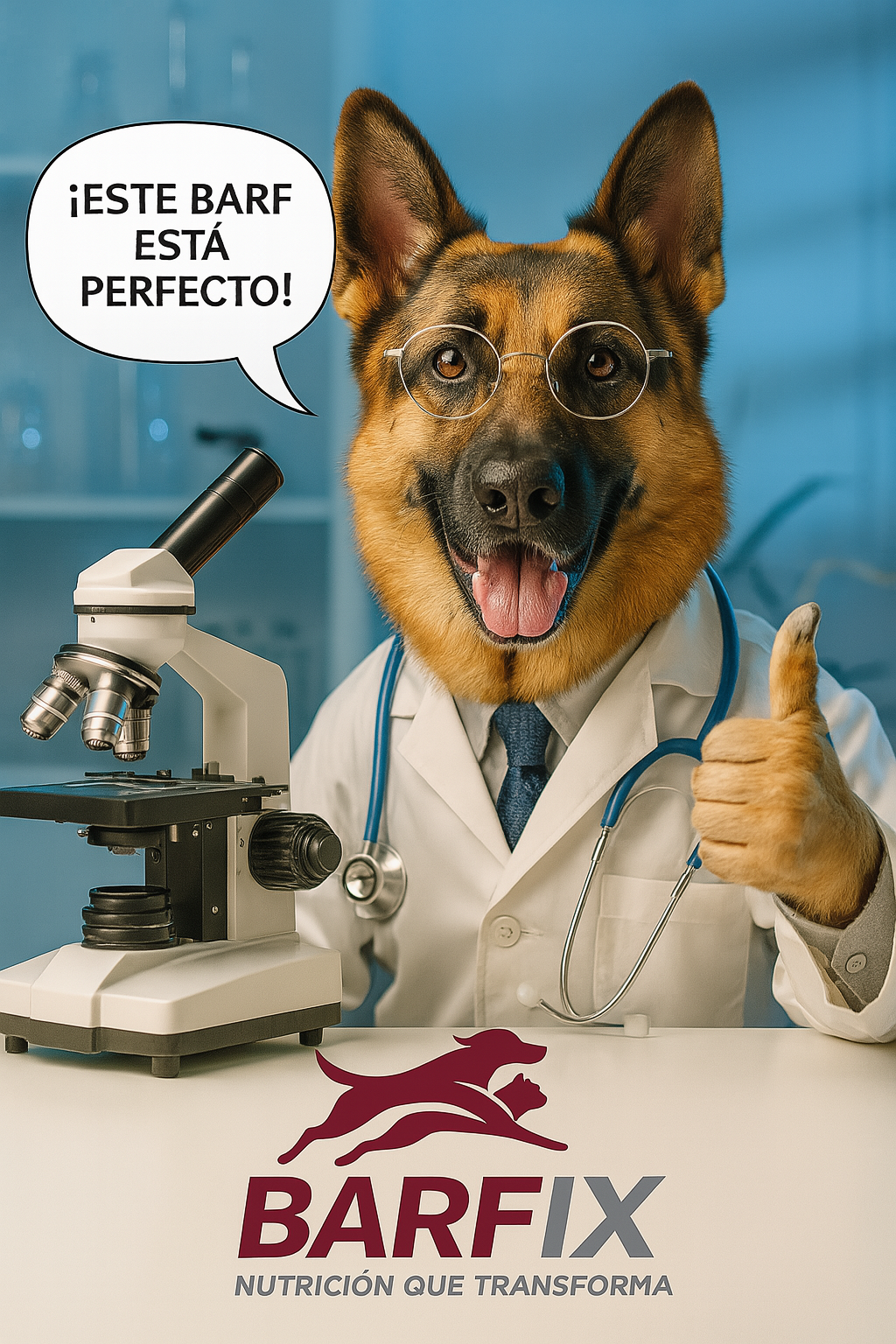 Perro pastor alemán vestido como doctor, con bata blanca y estetoscopio, revisando un microscopio en un laboratorio moderno y dando aprobación al BARF