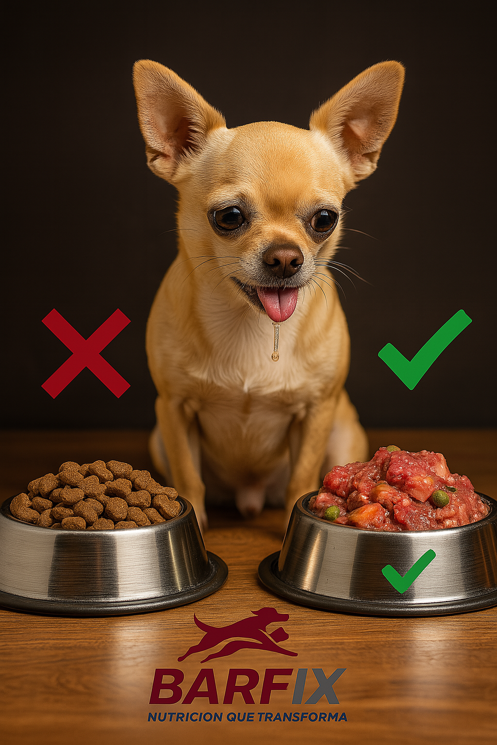 Chihuahua sentado frente a dos platos, uno con croquetas y otro con comida BARF fresca, eligiendo claramente el BARF Xalapa con emoción y saliva