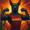 Perro musculoso antropomorfo con camiseta de BARFix frente a un paisaje mexicano — símbolo de la excelencia en nutrición BARF para perros y gatos