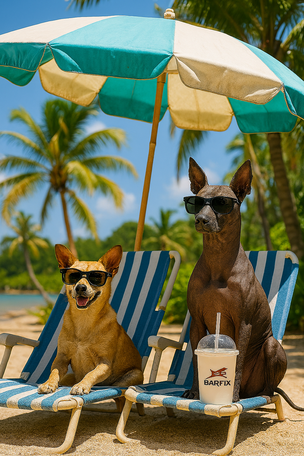 Perros acostados bajo sombrilla con un batido de BARFix – comida natural para perros