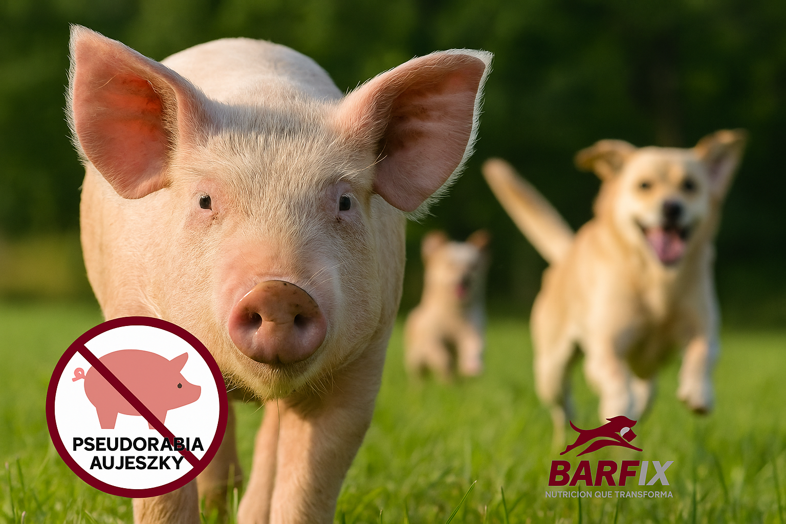 Cerdo realista con advertencia sobre pseudorrabia, fondo con perros sanos y logotipo de BARFix – campaña de concientización sobre barf en Xalapa.