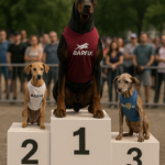 Perro musculoso en primer lugar con camiseta de BARFix, seguido por perro delgado de Purina y perro viejo de Pedigree en podio – BARF de BARFix Xalapa.