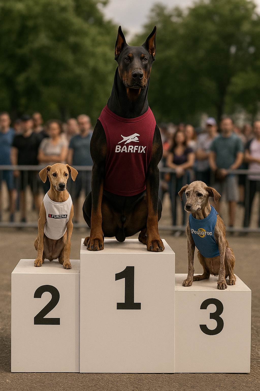 Perro musculoso en primer lugar con camiseta de BARFix, seguido por perro delgado de Purina y perro viejo de Pedigree en podio – BARF de BARFix Xalapa.