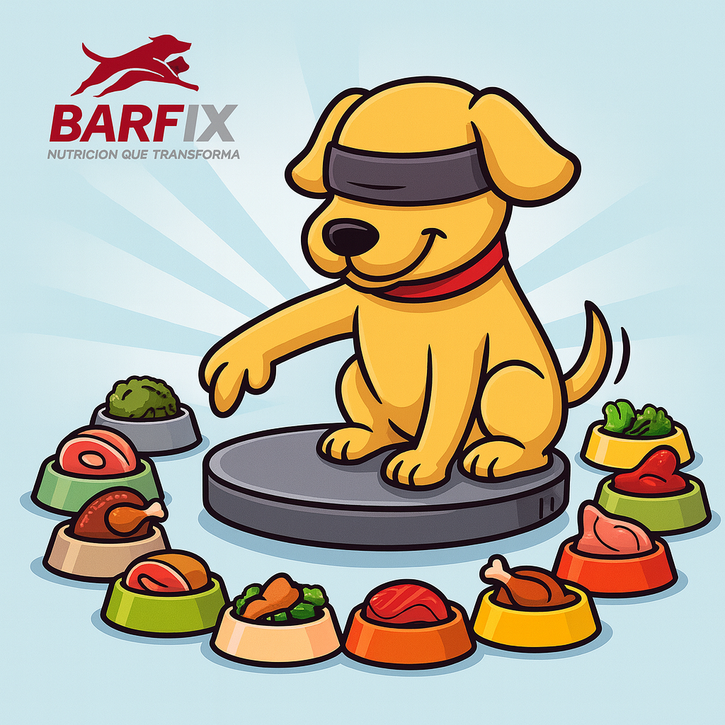 Ilustración divertida de un perro girando sobre una plataforma con los ojos vendados, eligiendo al azar entre diferentes menús BARF en un círculo. Imagen con logo de BARFix. Tema: BARF XALAPA.