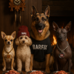 Perros de diferentes razas frente a una chimenea con tazones de BARF, cada uno con el logotipo de BARFix, representando nutrición natural para perros en Xalapa.