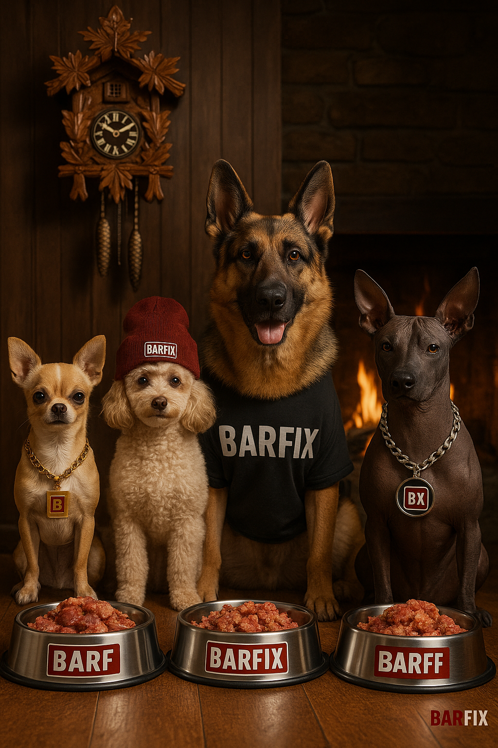 Perros de diferentes razas frente a una chimenea con tazones de BARF, cada uno con el logotipo de BARFix, representando nutrición natural para perros en Xalapa.