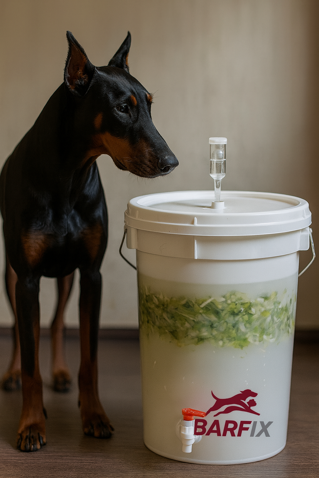 Dobermann steht neben einem weißen Gärbehälter mit fermentierendem Gemüse und BARFIX Logo – BARFIX BARF XALAPA.