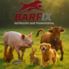 Glückliche, farbenfrohe Tiere – Hund, Katze, Schwein, Fisch, Huhn, Kaninchen und Rind – tanzen und spielen zusammen vor dem BARFix-Logo, Symbol für natürliche BARF-Ernährung in Xalapa.