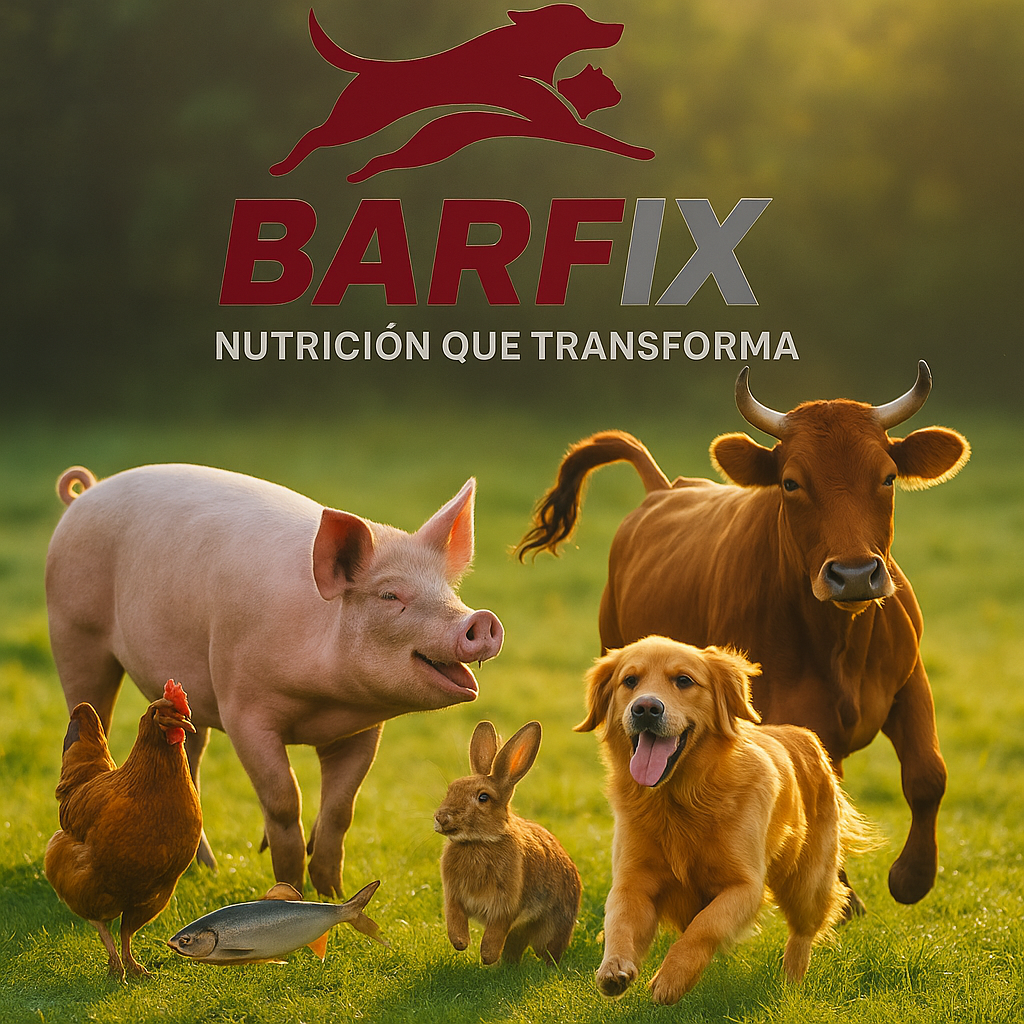 Glückliche, farbenfrohe Tiere – Hund, Katze, Schwein, Fisch, Huhn, Kaninchen und Rind – tanzen und spielen zusammen vor dem BARFix-Logo, Symbol für natürliche BARF-Ernährung in Xalapa.