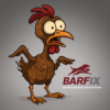 Ilustración cómica de un pollo totalmente deshidratado con expresión exagerada, acompañada del logo de BARFix, representando los snacks naturales de ACBA Xalapa.