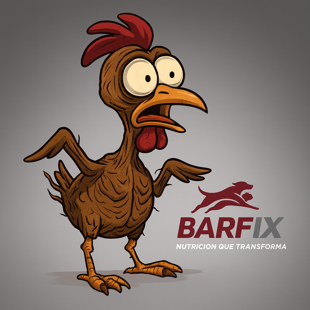 Ilustración cómica de un pollo totalmente deshidratado con expresión exagerada, acompañada del logo de BARFix, representando los snacks naturales de ACBA Xalapa.