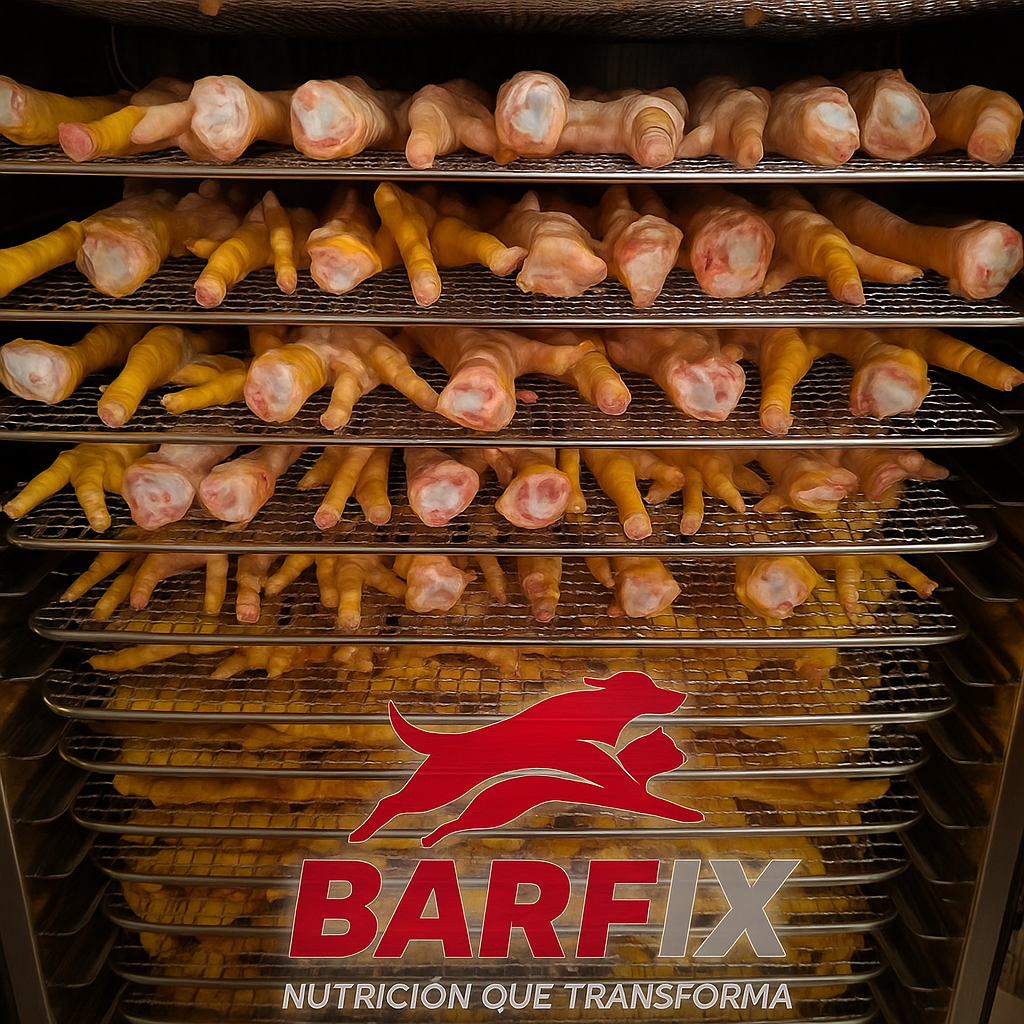 Patas de pollo deshidratándose en la cocina de BARFix, barf xalapa, snacks naturales para perros.